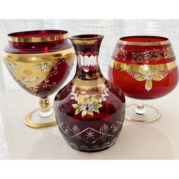 Vtg Bohemian Czech 24K Gold Cranberry Ruby Red Brandy Candy Dish Decanter 3 Set - Picture 1 of 3